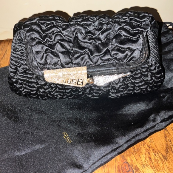 FENDI Borderline Clutch in Black Pleated Satin with Gold and Silver Kiss Lock - Picture 14 of 14